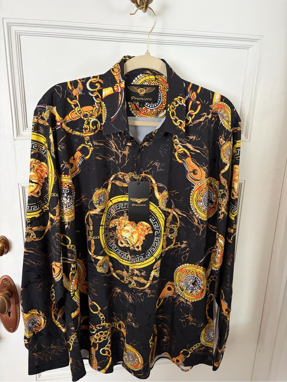 Premier Black Shirt with Gold and Orange Medallion Print